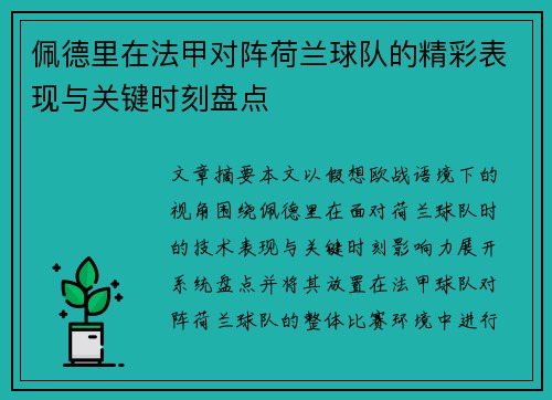 佩德里在法甲对阵荷兰球队的精彩表现与关键时刻盘点