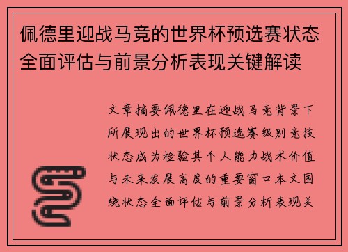 佩德里迎战马竞的世界杯预选赛状态全面评估与前景分析表现关键解读